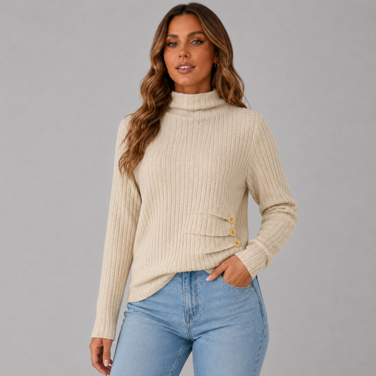 Women's Turtleneck Jumper with Button Detail