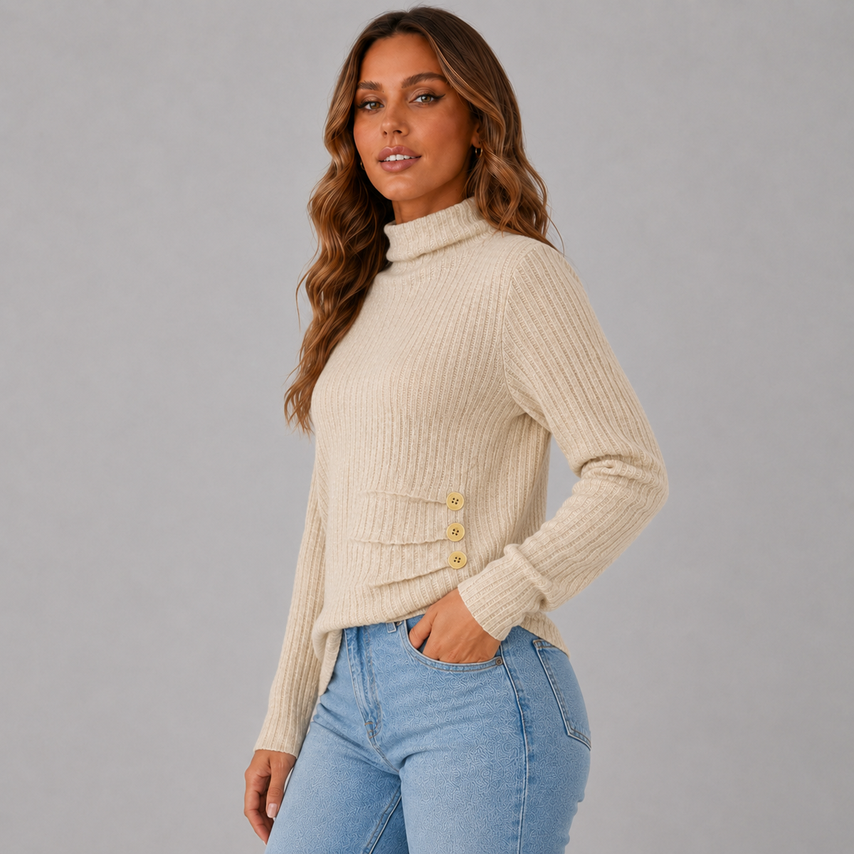 Women's Turtleneck Jumper with Button Detail