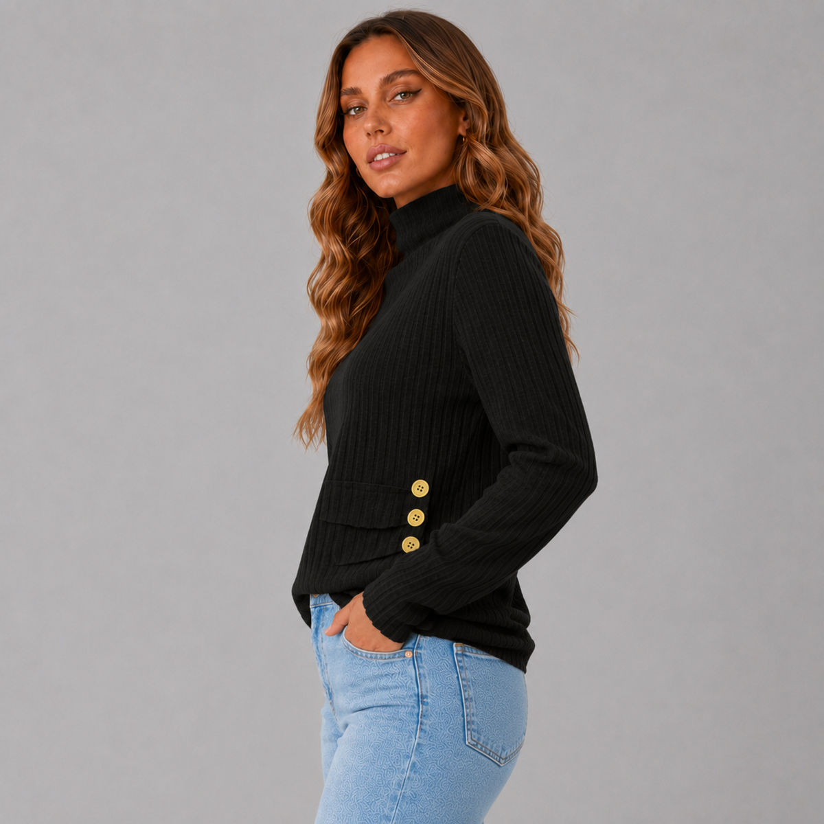 Women's Turtleneck Jumper with Button Detail