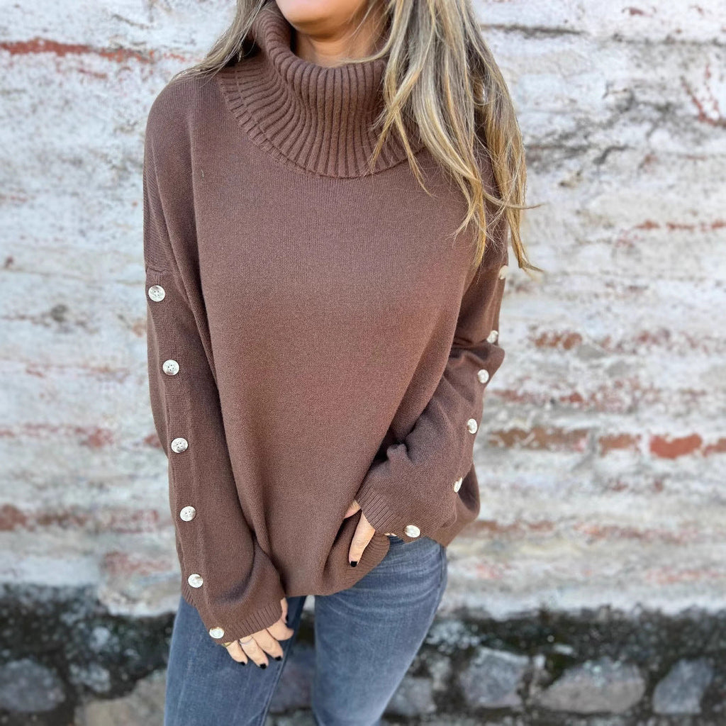 Women's Turtleneck Jumper with Long Sleeves and Button Details