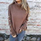 Women's Turtleneck Jumper with Long Sleeves and Button Details