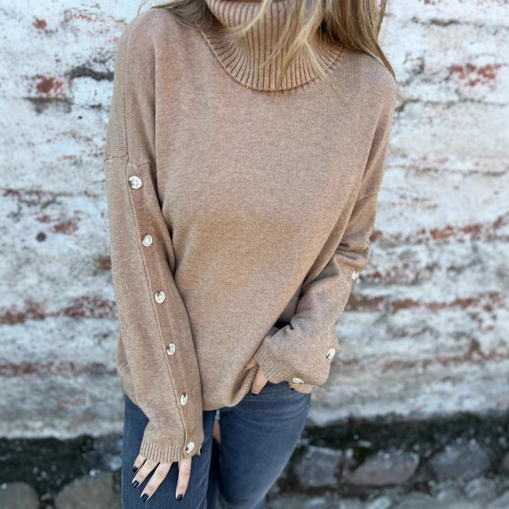 Women's Turtleneck Jumper with Long Sleeves and Button Details