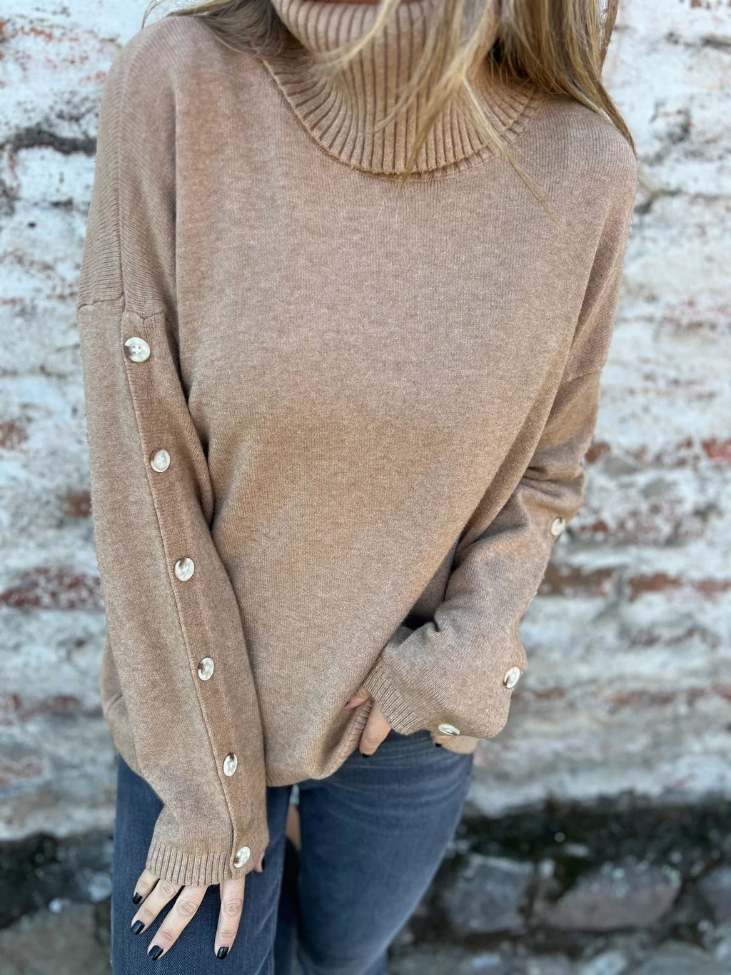 Women's Turtleneck Jumper with Long Sleeves and Button Details