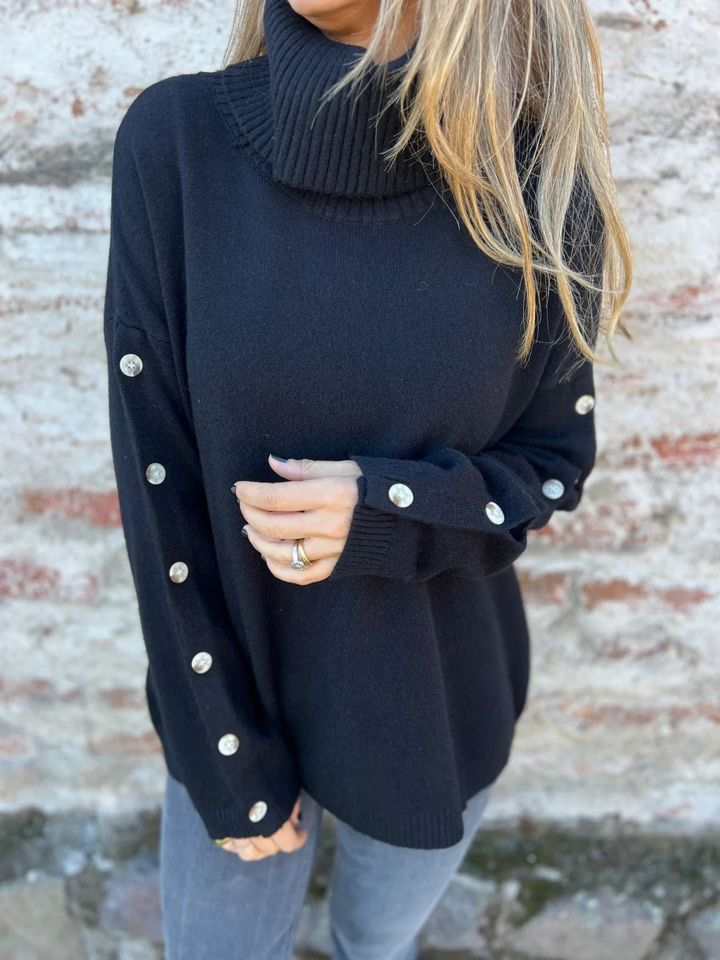 Women's Turtleneck Jumper with Long Sleeves and Button Details
