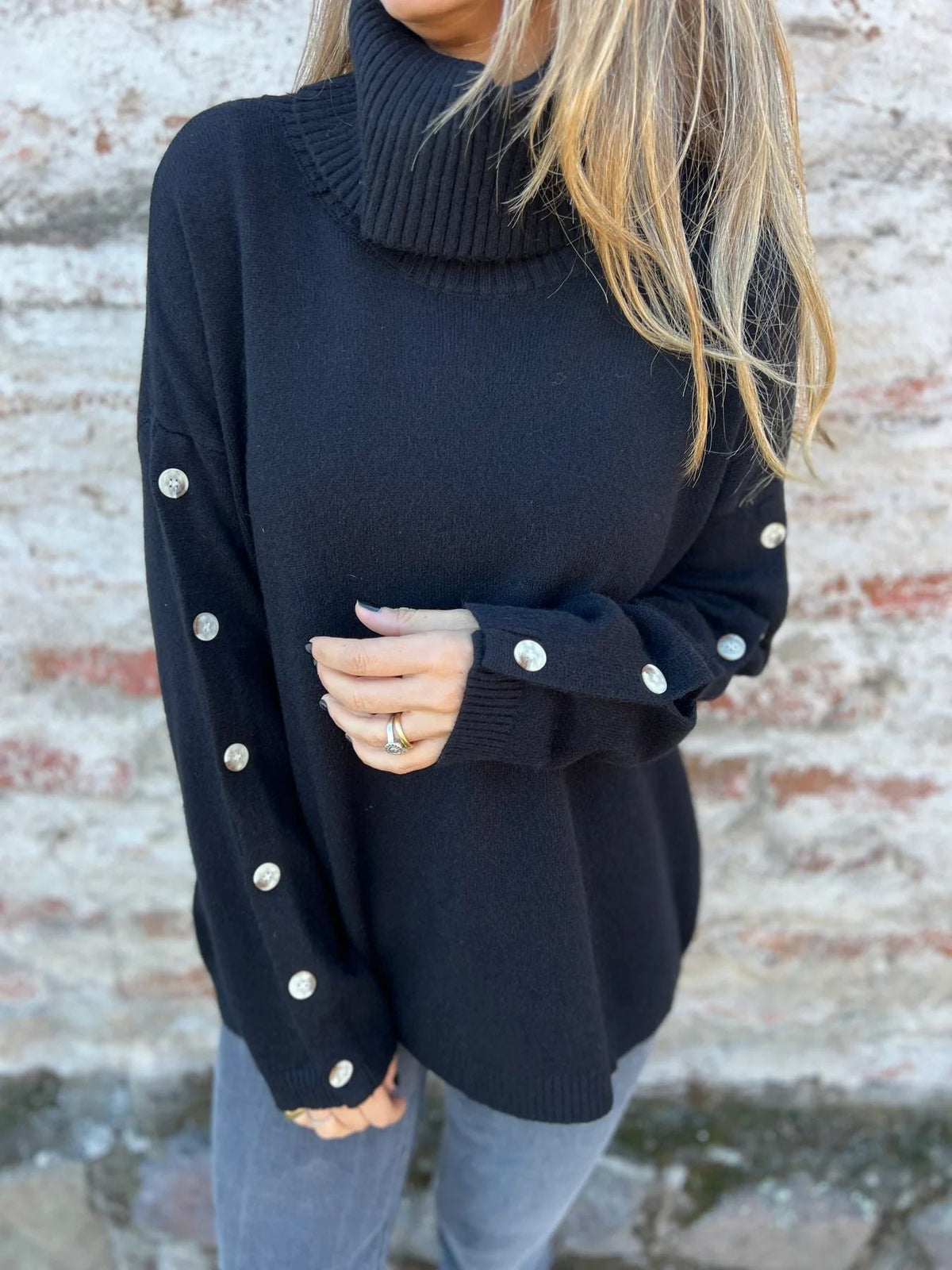 Women's Turtleneck Jumper with Long Sleeves and Button Details