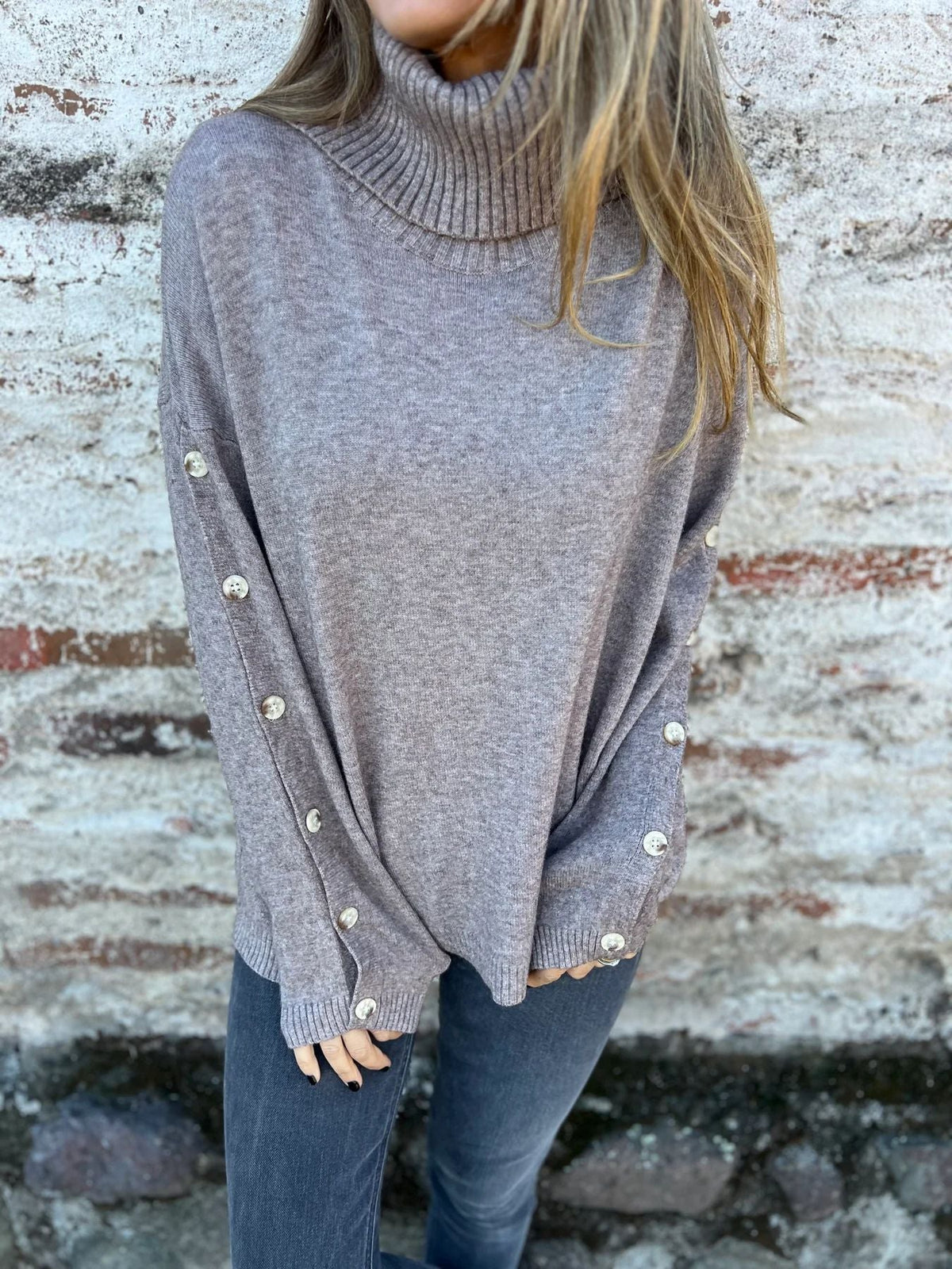 Women's Turtleneck Jumper with Long Sleeves and Button Details