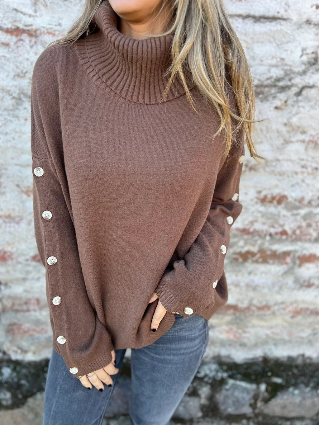 Women's Turtleneck Jumper with Long Sleeves and Button Details