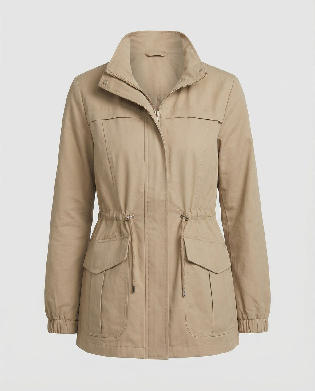 Women's Utility Jacket with Drawstring Waist and Flap Pockets