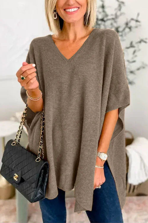 Women's V-Neck Knitted Poncho with Oversized Fit
