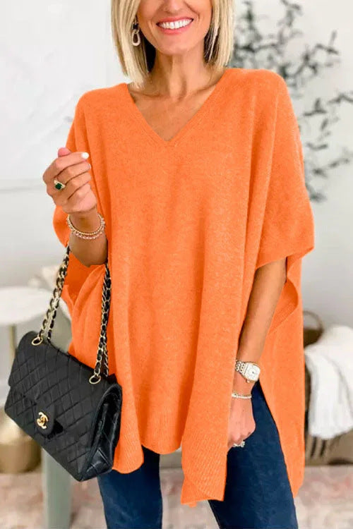 Women's V-Neck Knitted Poncho with Oversized Fit