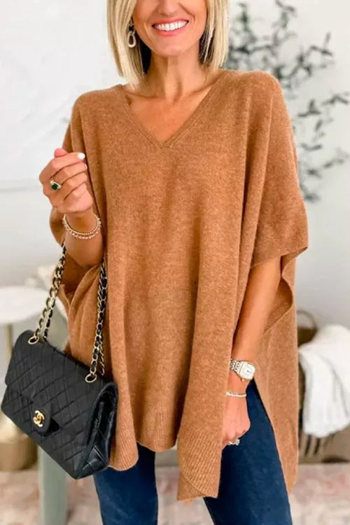 Women's V-Neck Knitted Poncho with Oversized Fit