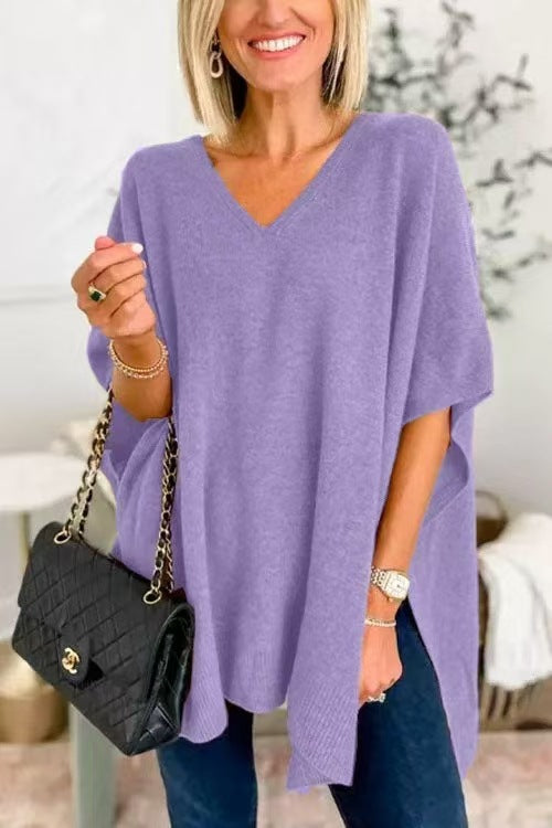Women's V-Neck Knitted Poncho with Oversized Fit