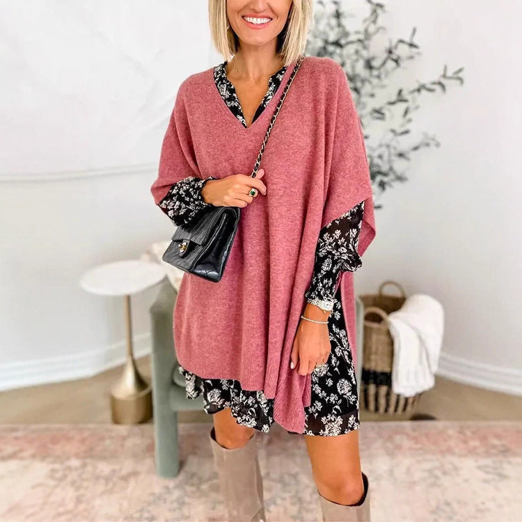 Women's V-Neck Knitted Poncho with Oversized Fit