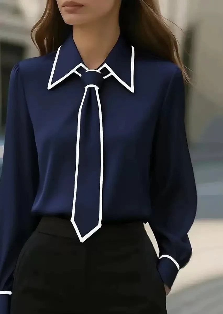 Women's Contrast Piping Tie Detail Crepe Shirt