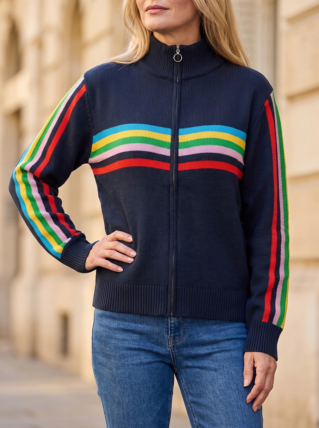 Women's Stripe Zip Through Knitted Jacket
