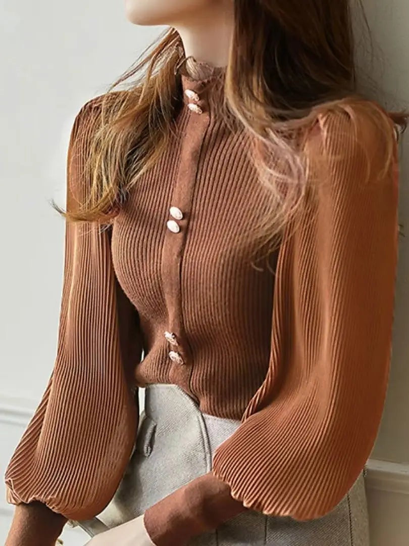 Women's Frill High Neck Pleated Sleeve Blouse