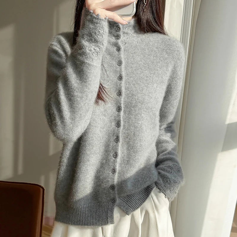Women's Fluffy Knit High Neck Button Cardigan