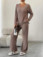 Women's Knitted V Neck Wide Leg Co-ord
