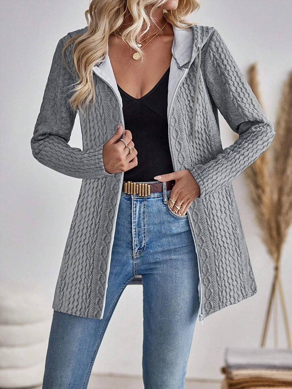 Women's Hooded Zip Through Cable Knit Cardigan