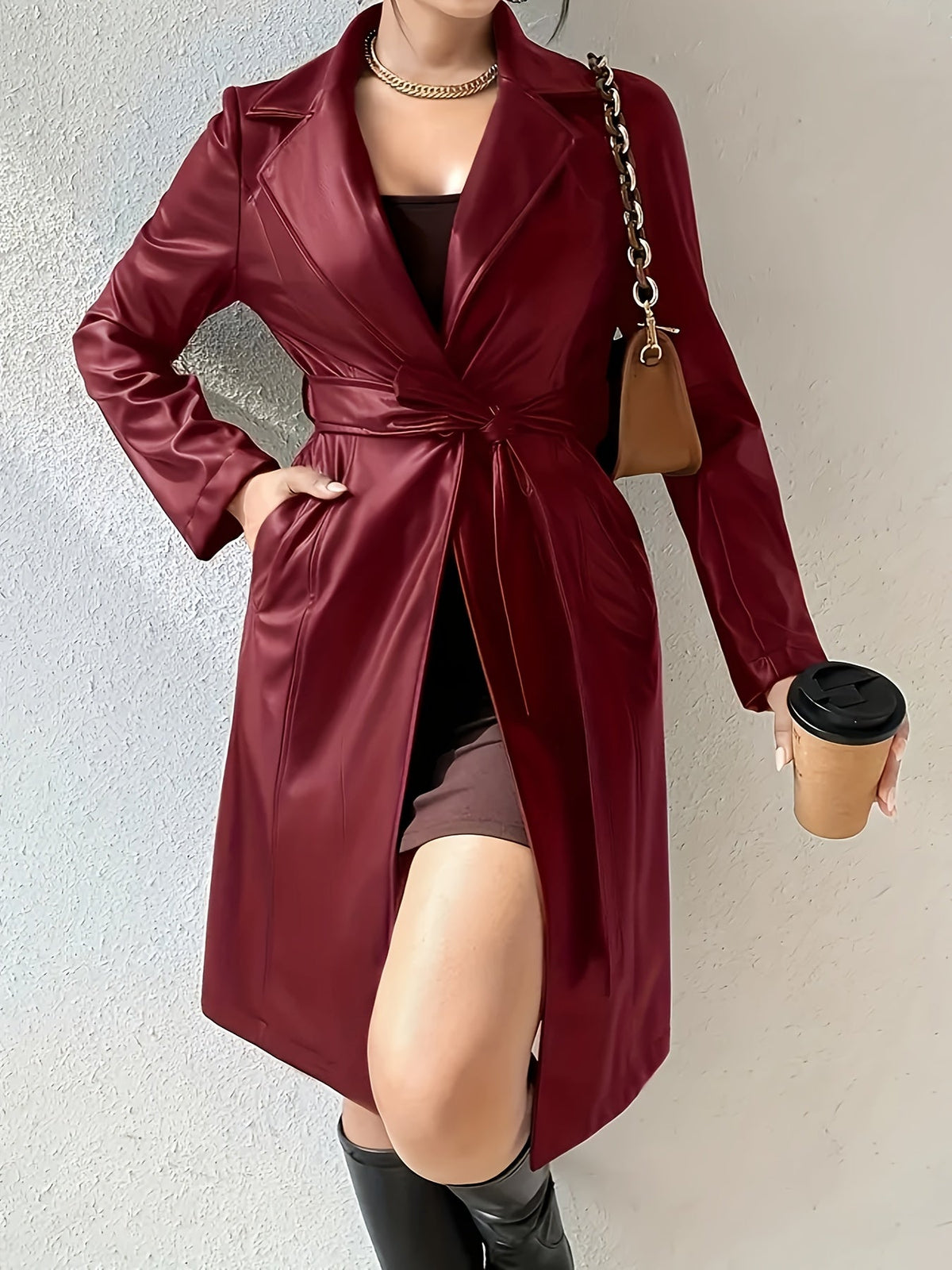 Women's Belted Longline Faux Leather Trench