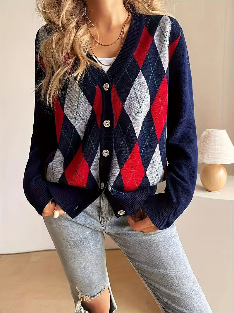 Women's Argyle Jacquard V Neck Cardigan