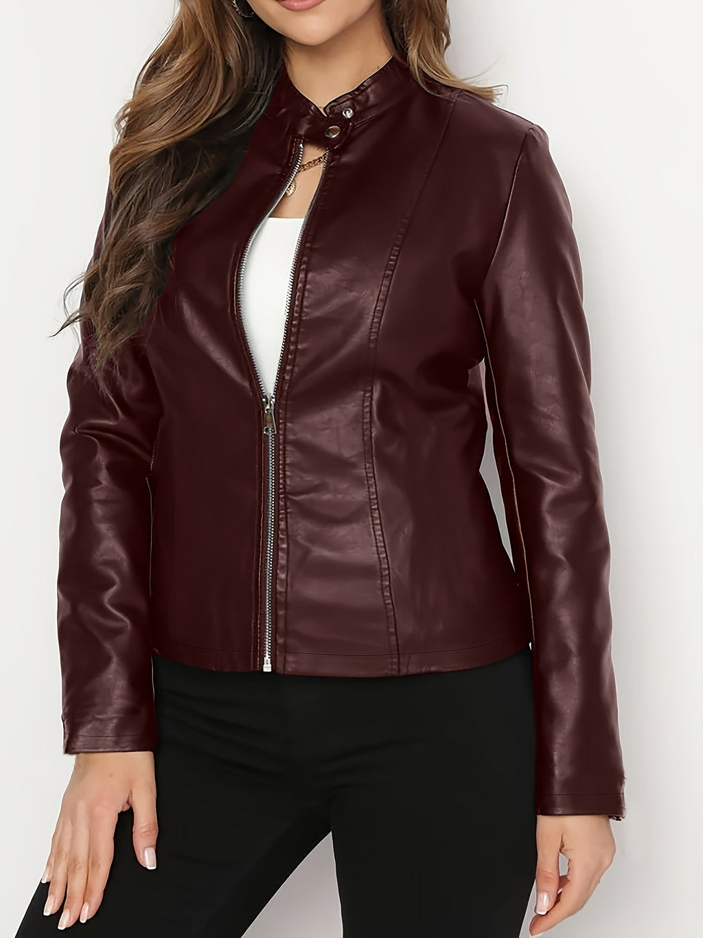 Women's Funnel Neck Faux Leather Jacket