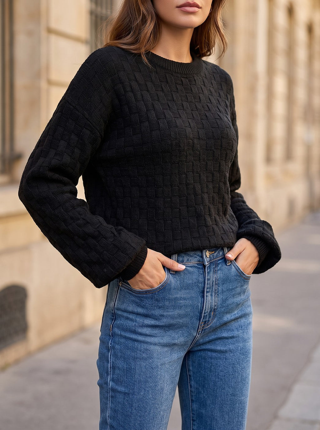 Women's Textured Crew Neck Autumn Knit Top