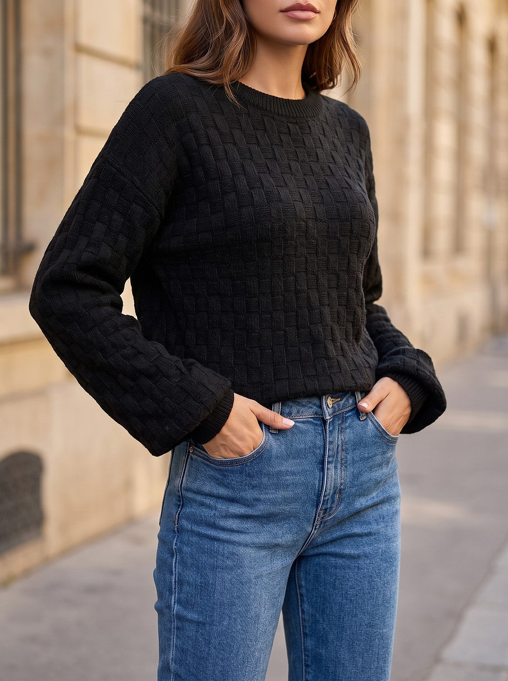 Women's Textured Crew Neck Autumn Knit Top