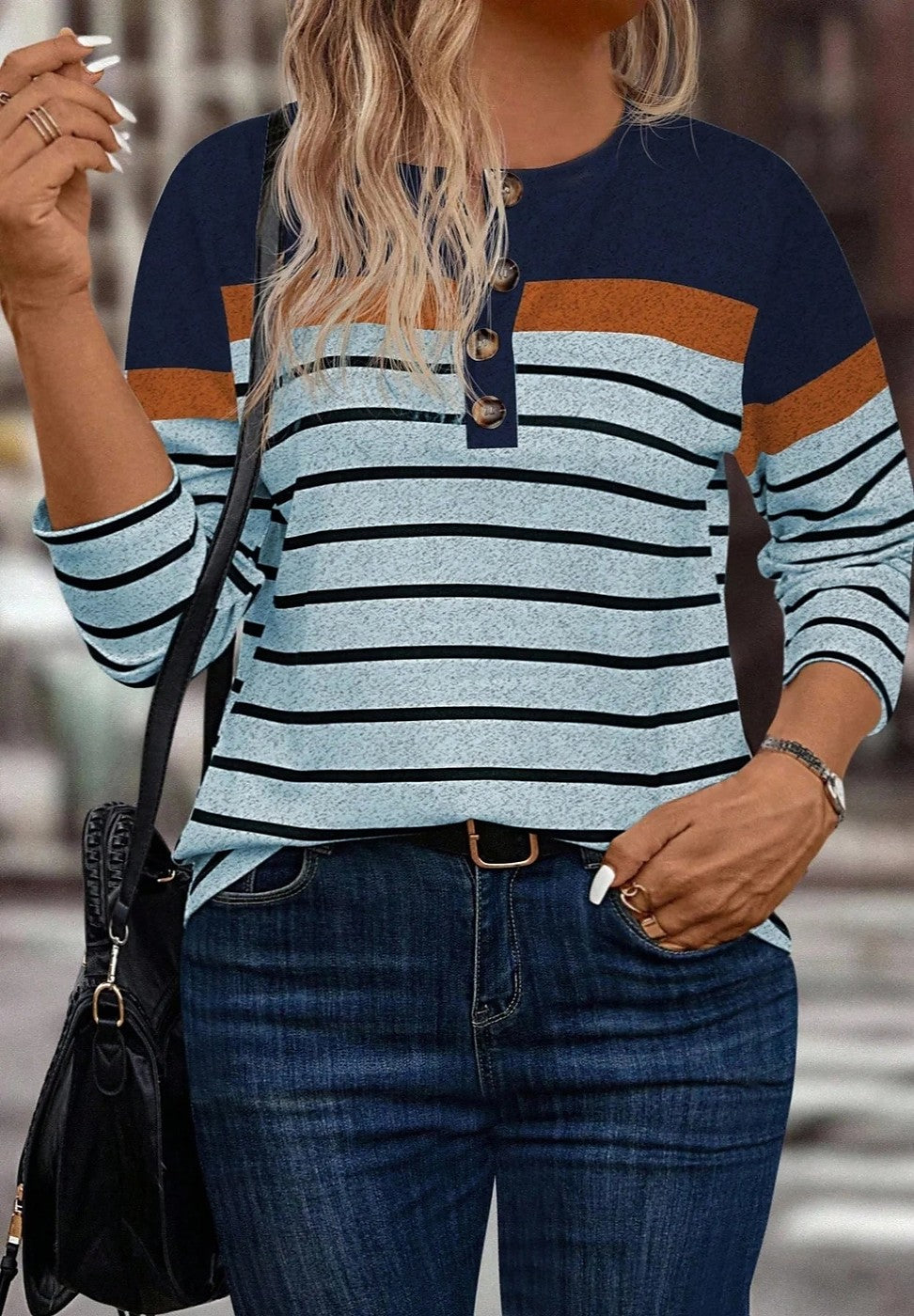 Women's Striped Henley Button Placket Cotton Top
