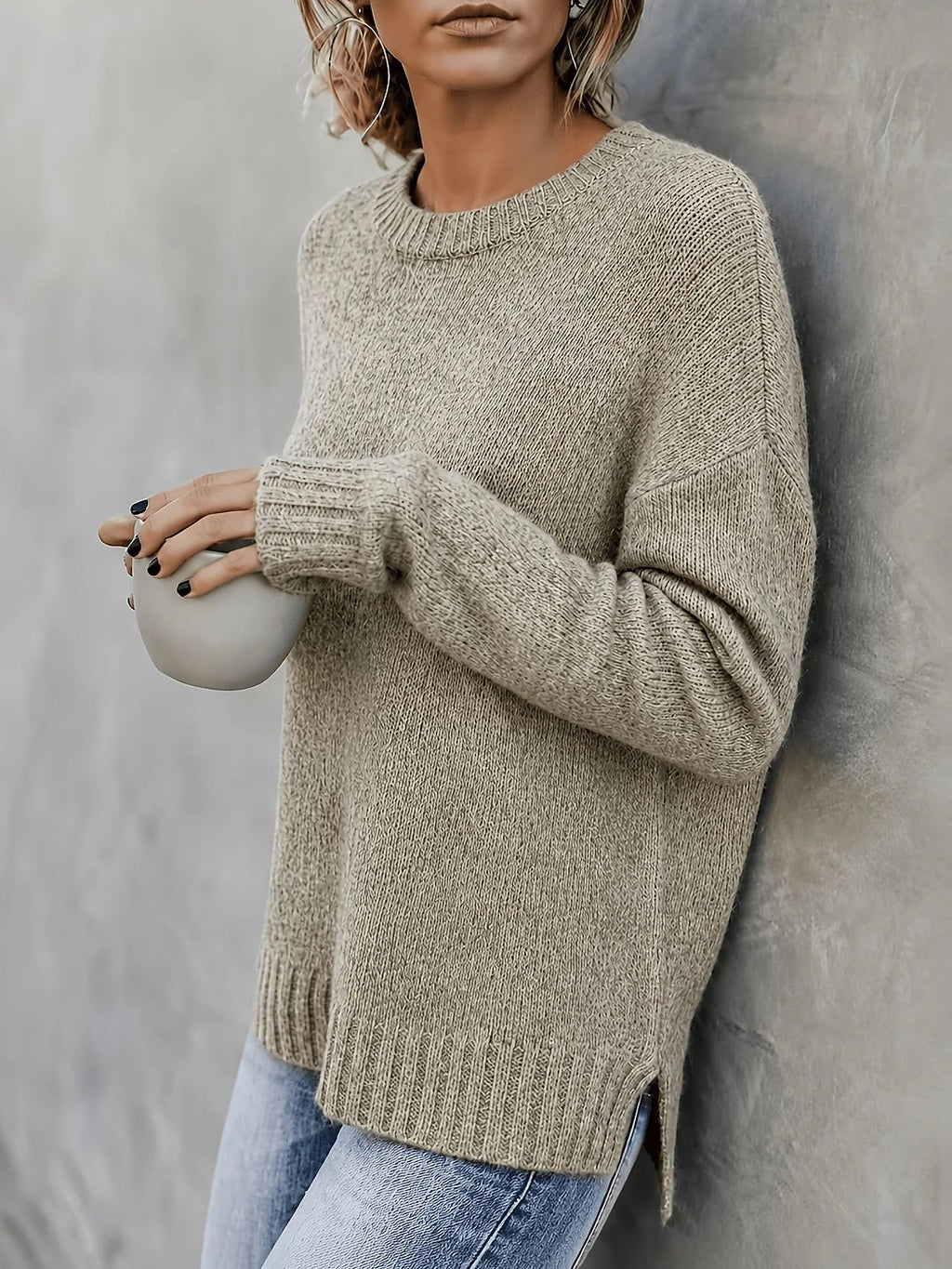 Women's Ribbed Trim Side Split Knitted Jumper