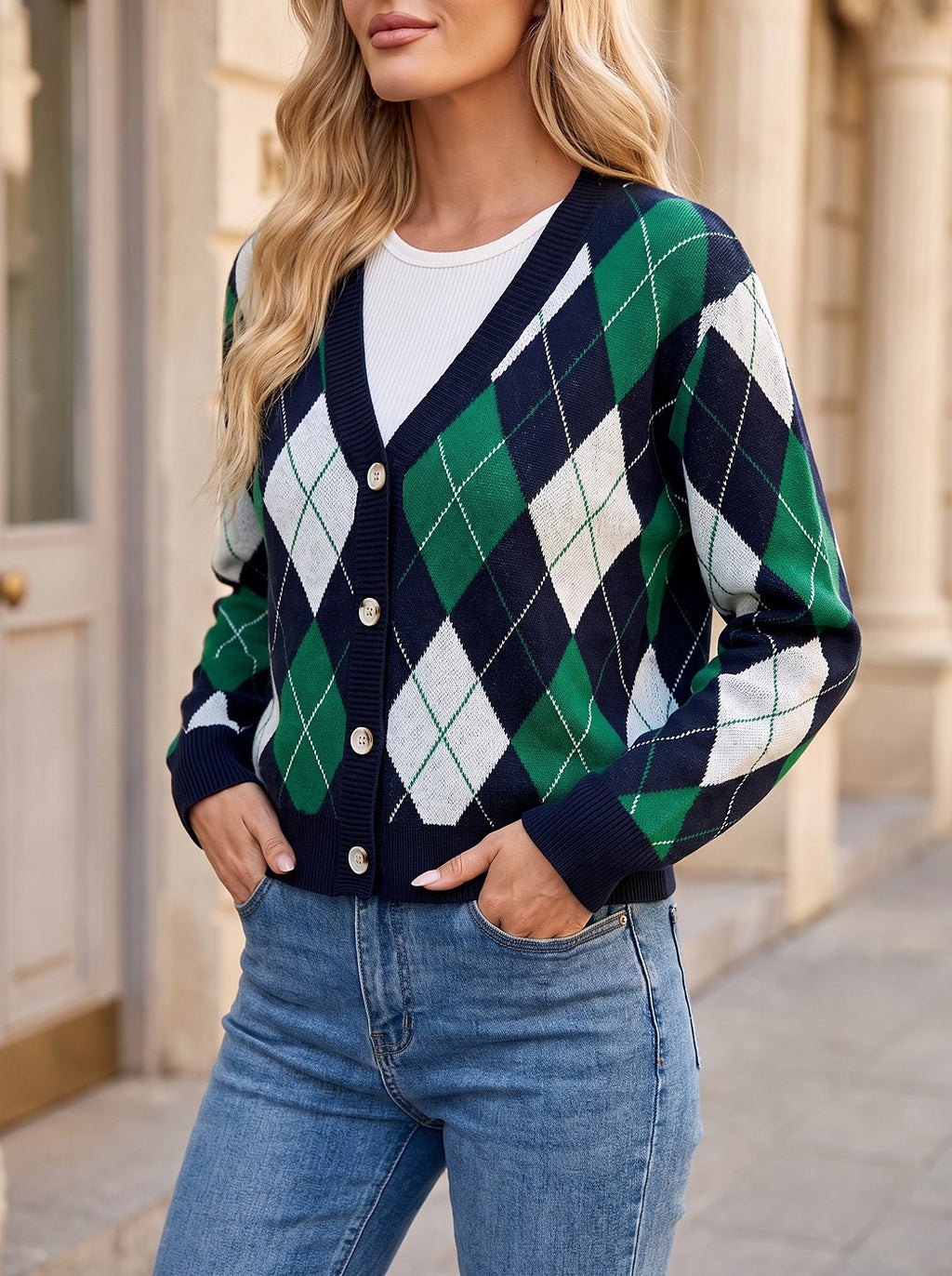 Women's Argyle Button Through Cardigan