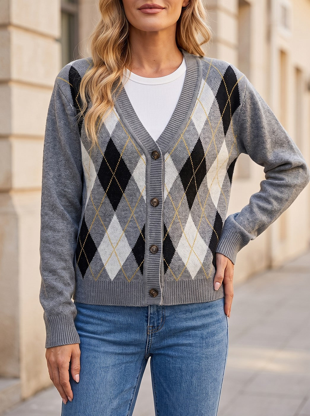 Women's Argyle Button Through Cardigan