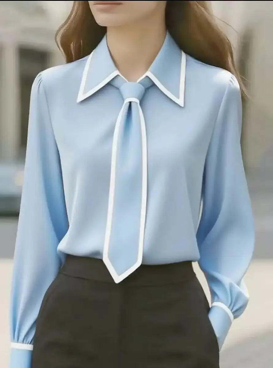 Women's Contrast Piping Tie Detail Crepe Shirt