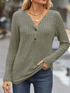 Women's Ribbed Button Front V Neck Top