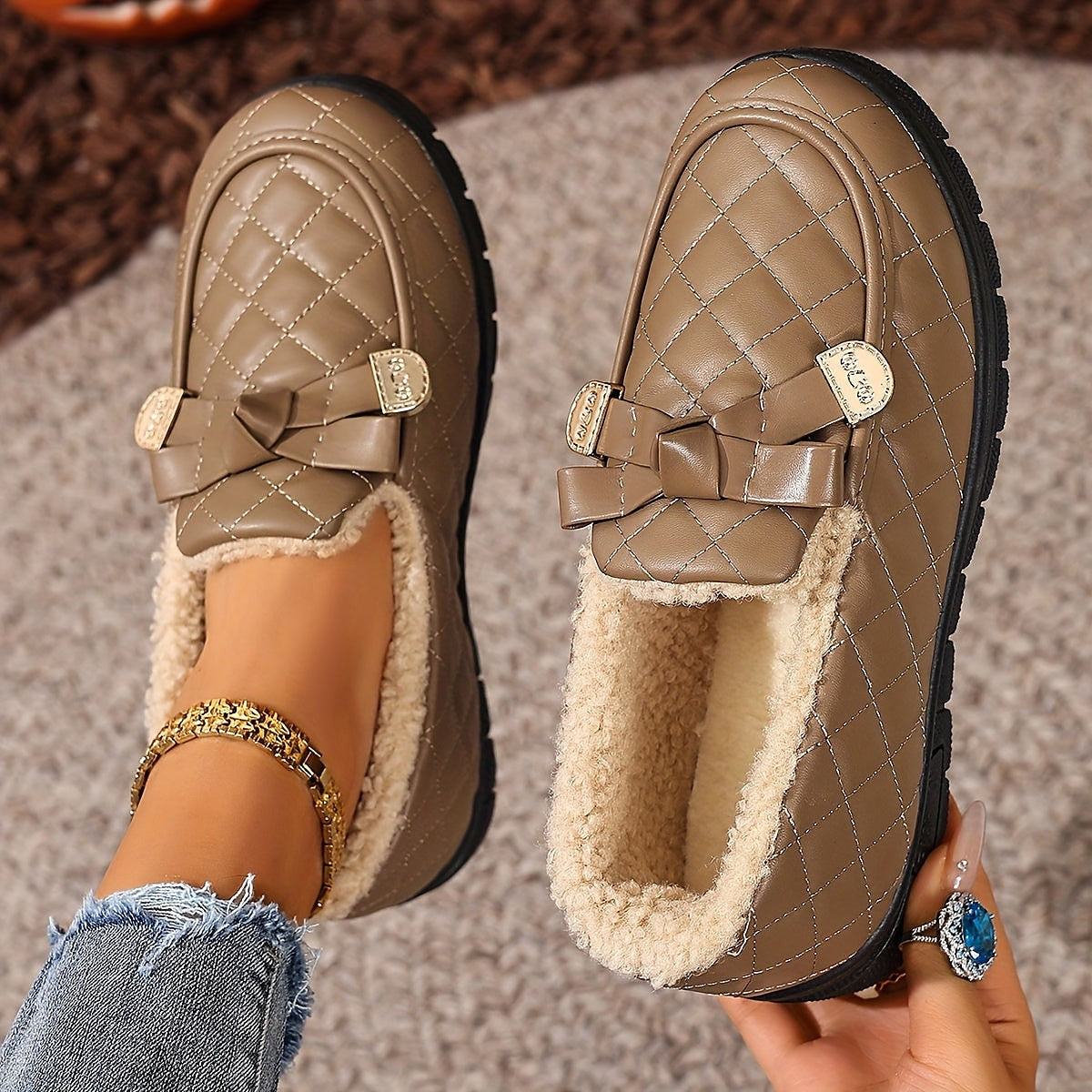 Women's Quilted Buckle Faux Fur Lined Slippers