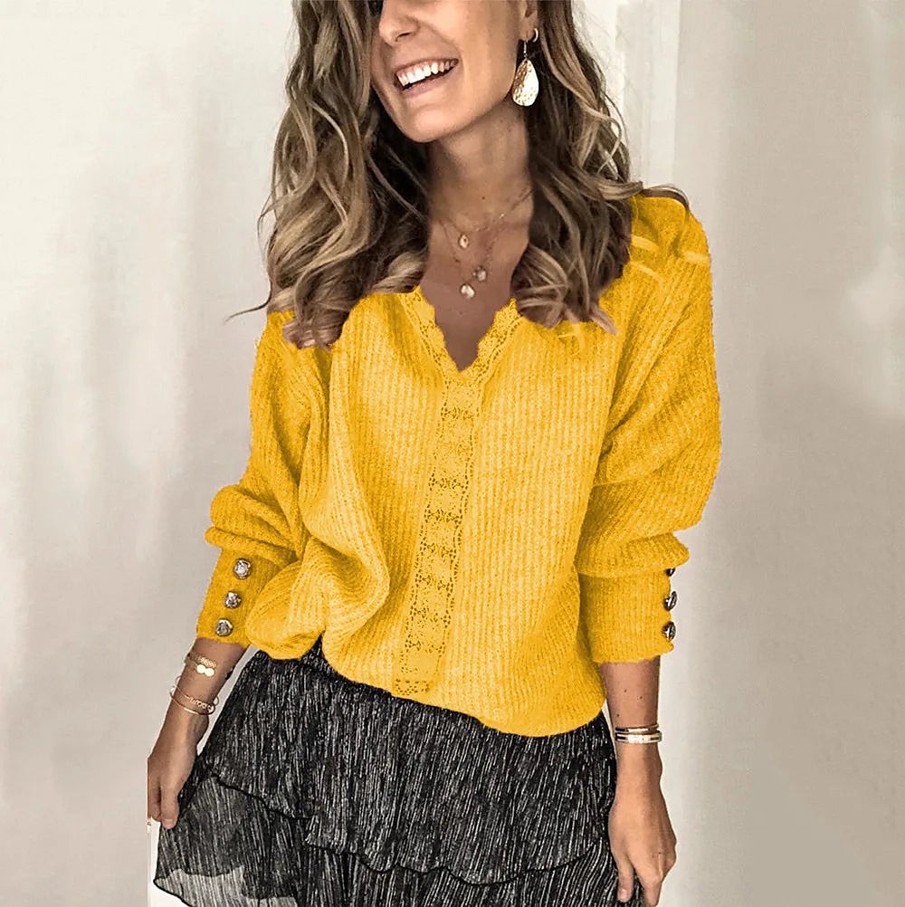 Women's Scalloped Crochet Trim V Neck Jumper