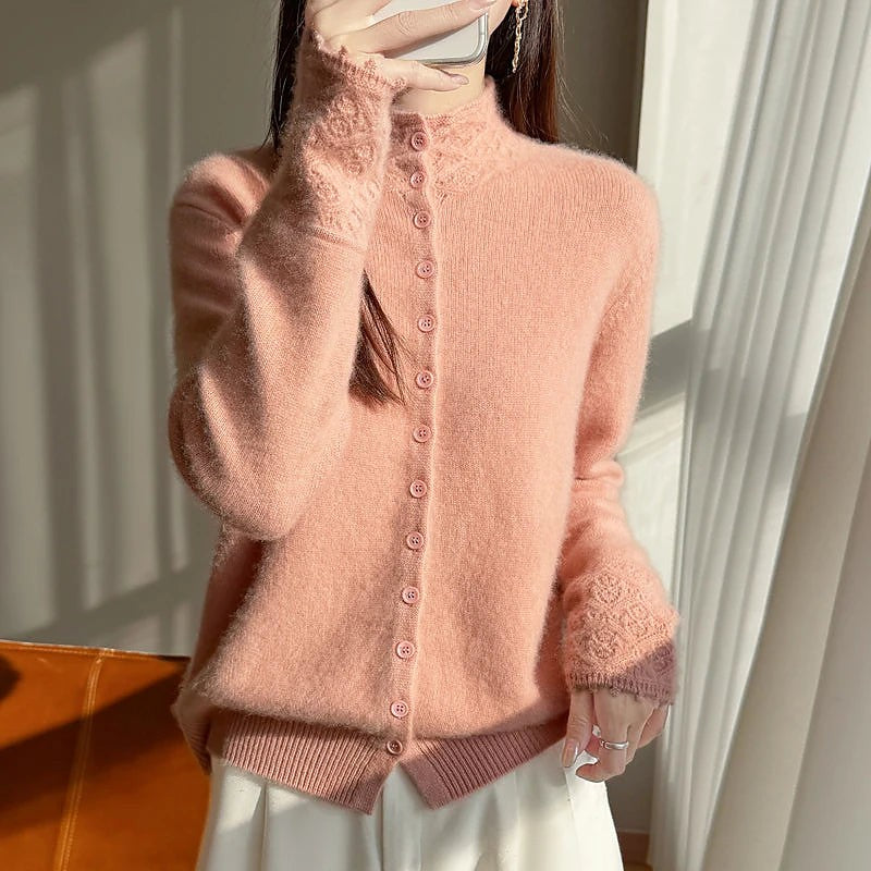 Women's Fluffy Knit High Neck Button Cardigan