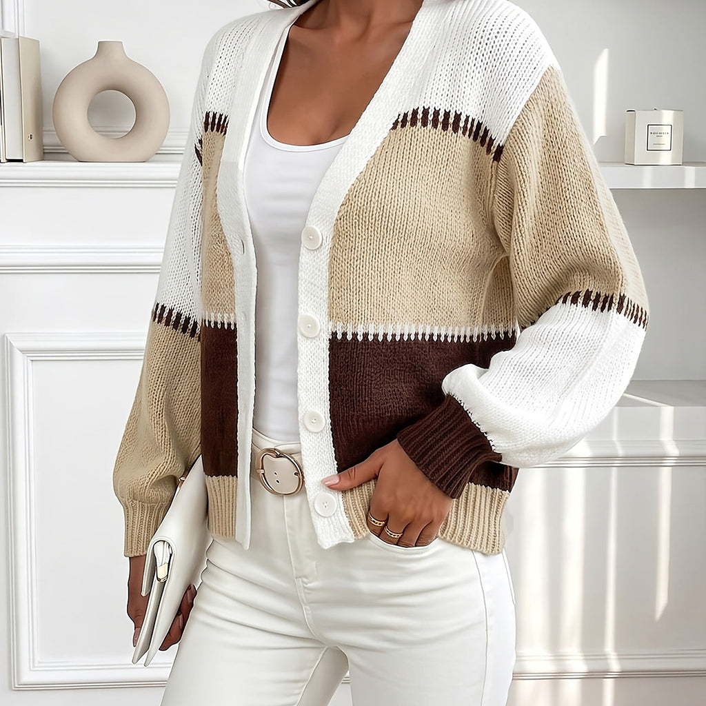 Women's Colour Block Puff Sleeve Winter Cardigan