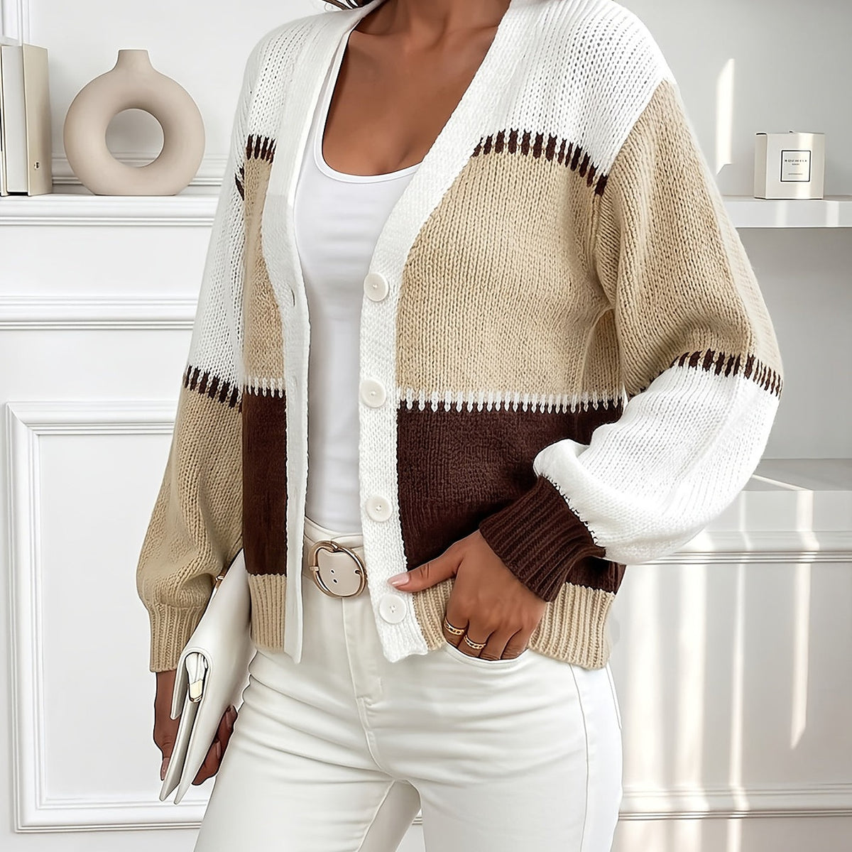 Women's Colour Block Puff Sleeve Winter Cardigan