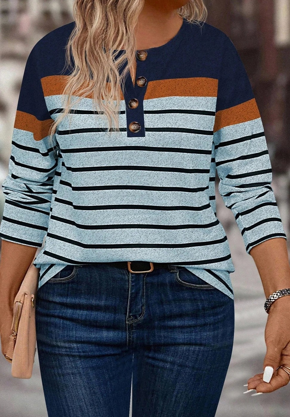 Women's Striped Henley Button Placket Cotton Top