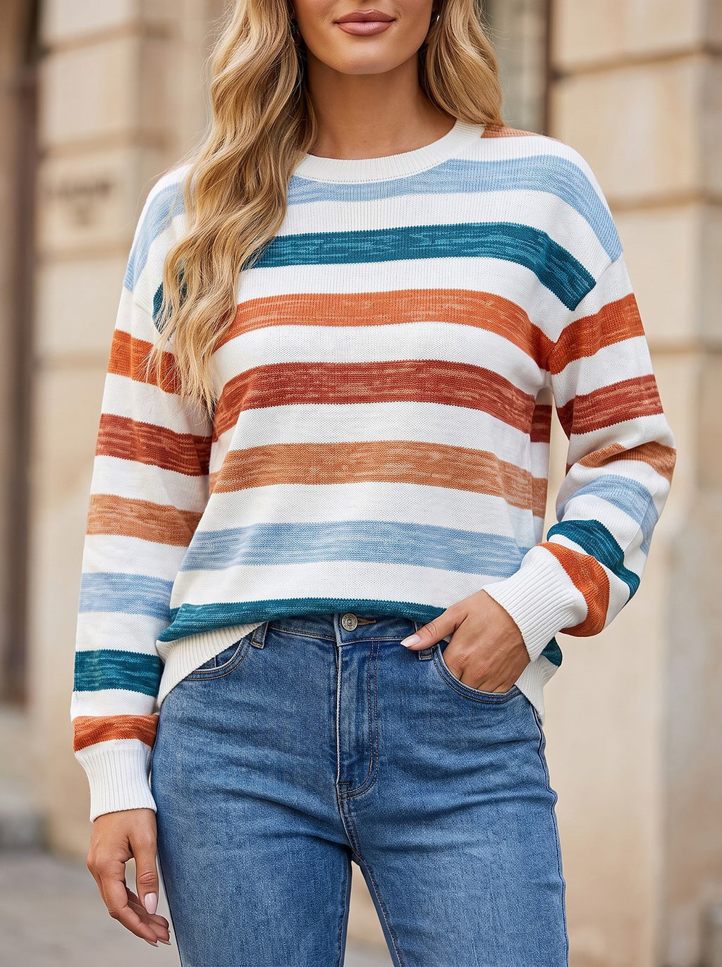 Women's Fine Knit Stripe Crew Neck Top