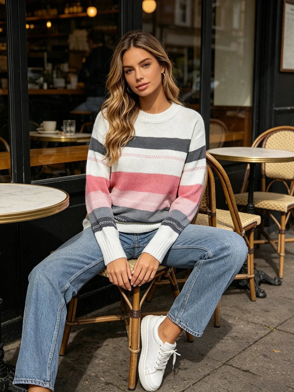 Women's Striped Round Neck Lightweight Jumper