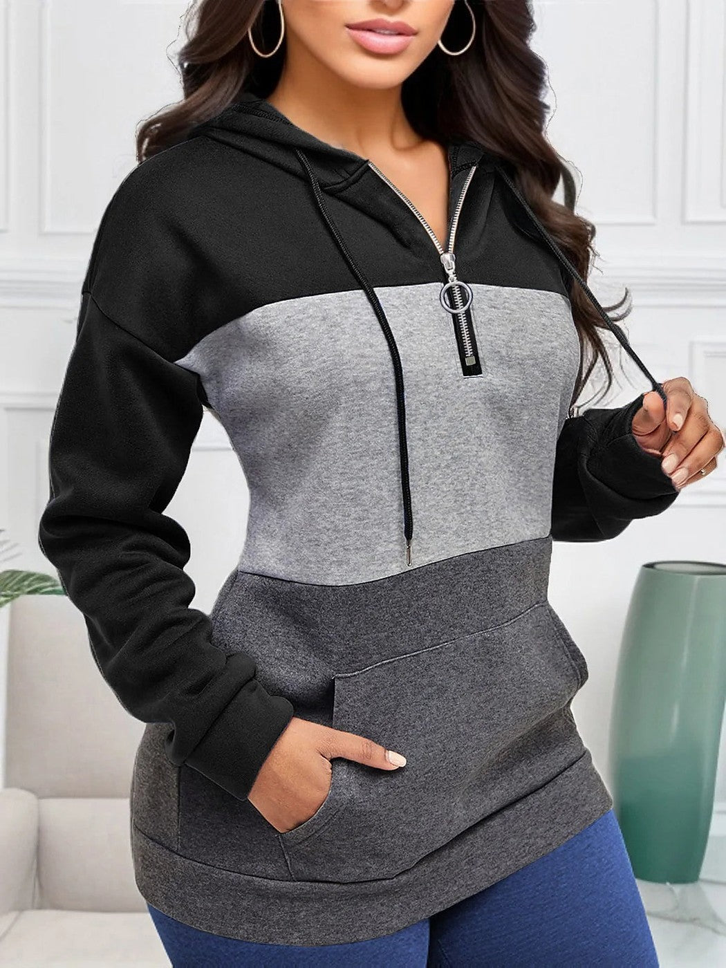 Women's Colour Block Half Zip Fleece Hoodie