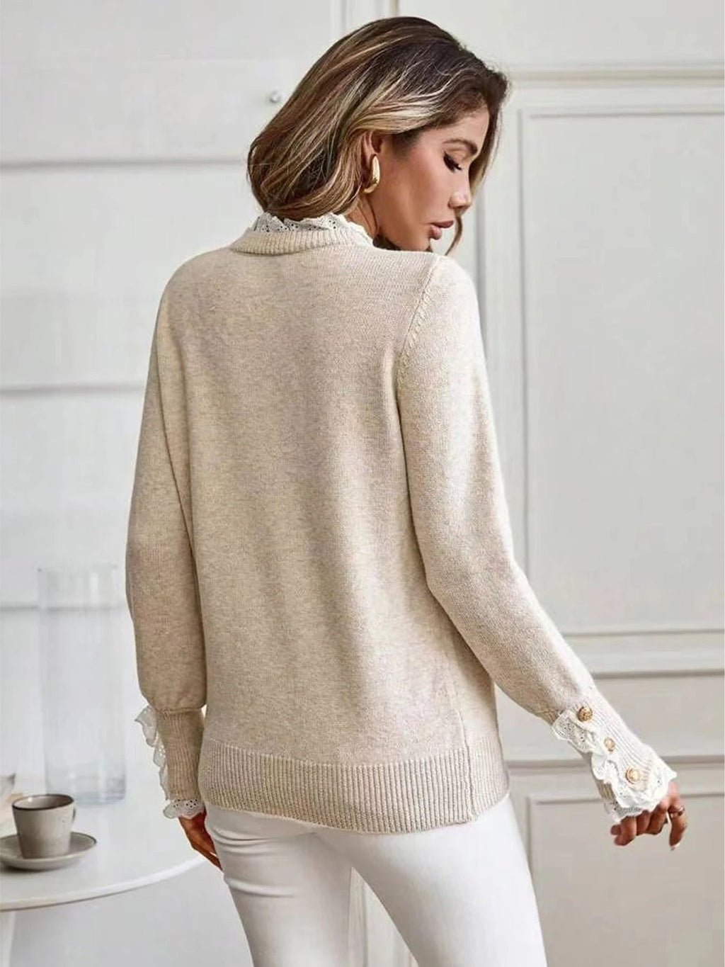 Women's Lace Trim Round Neck Jumper