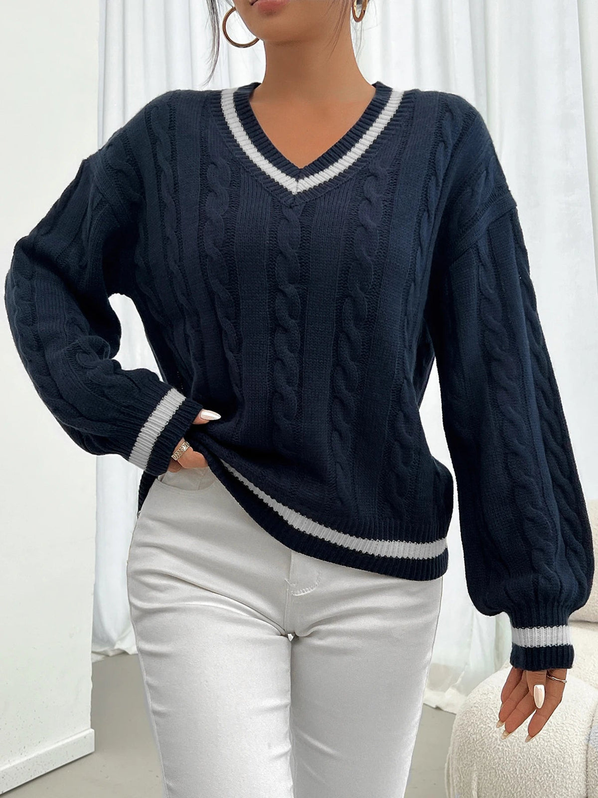 Women's Cable Knit V Neck Jumper