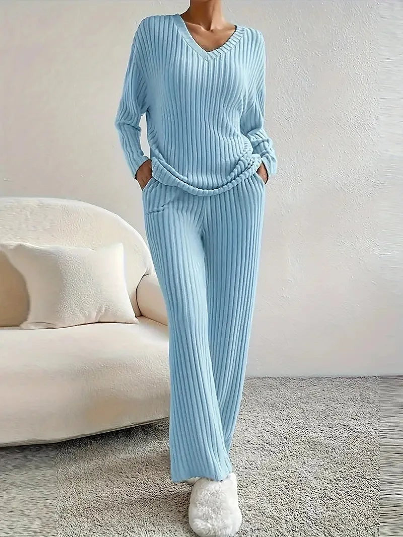 Women's Knitted V Neck Wide Leg Co-ord