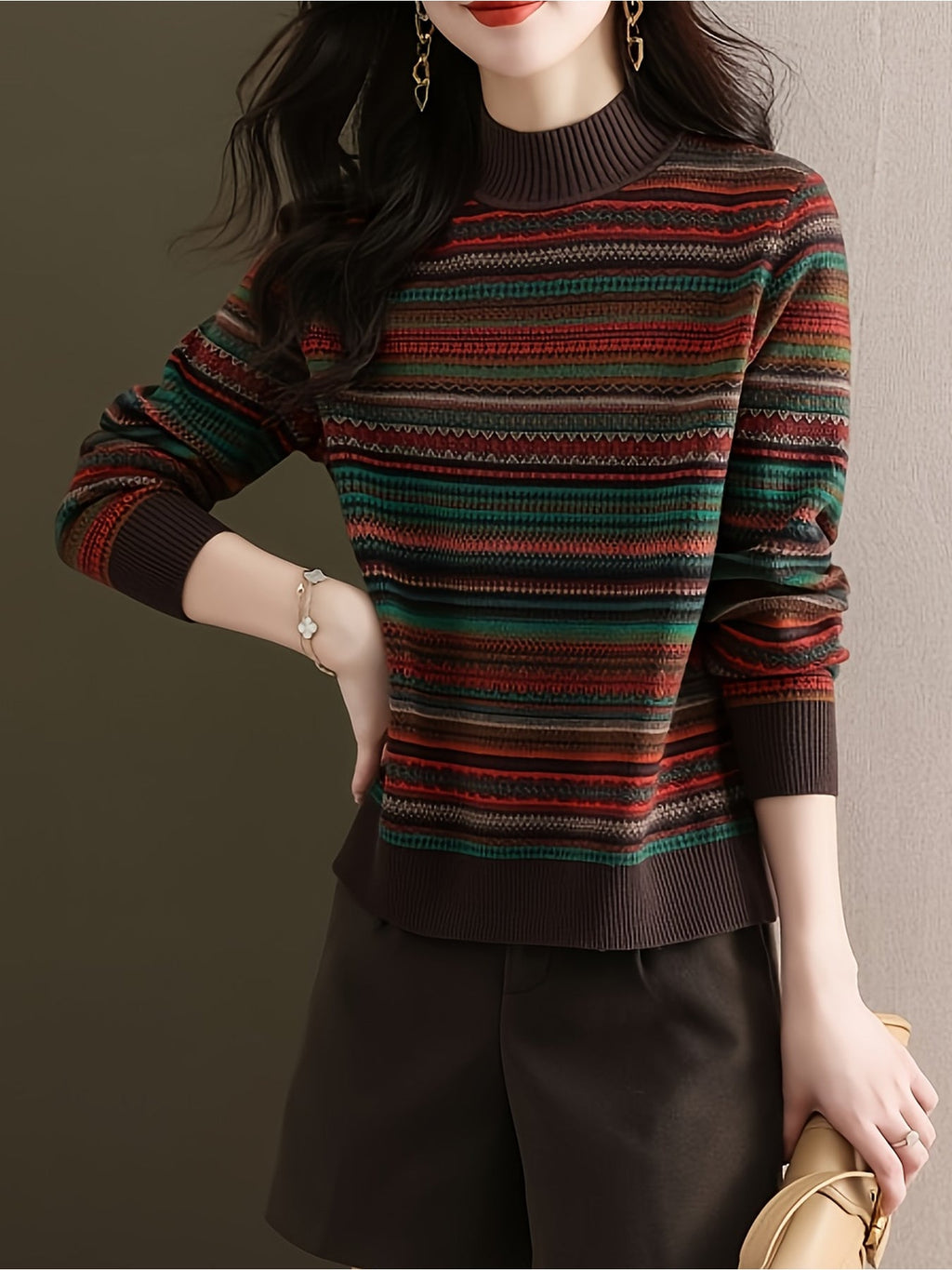 Women's Half Roll Neck Patterned Jumper