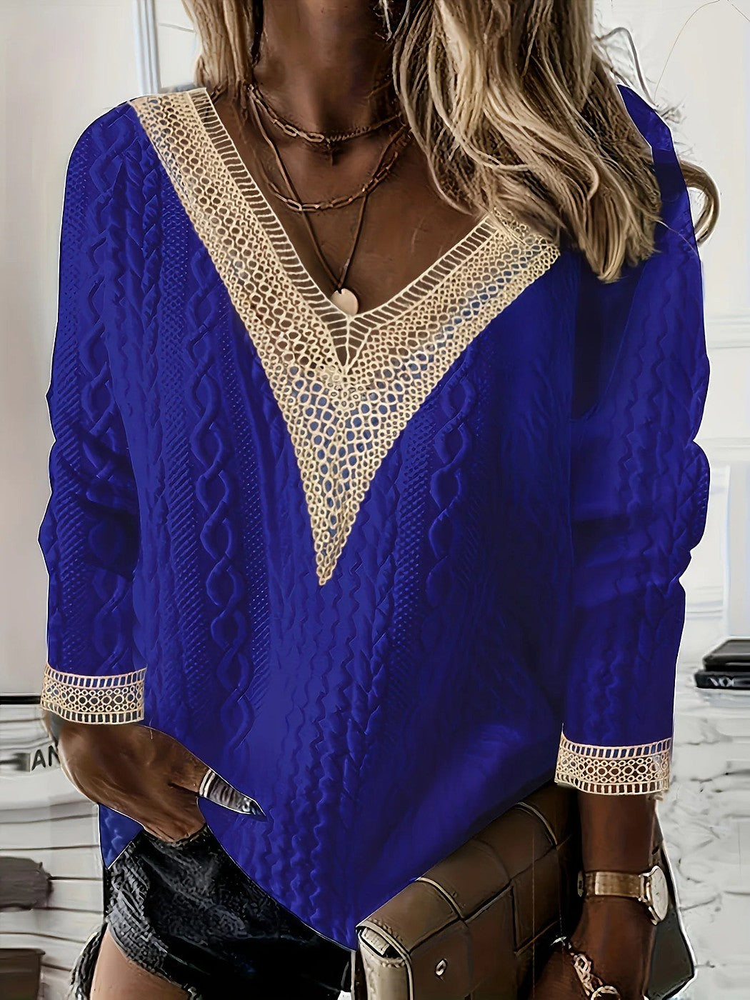 Women's Crochet Trim Cable Knit Winter Jumper