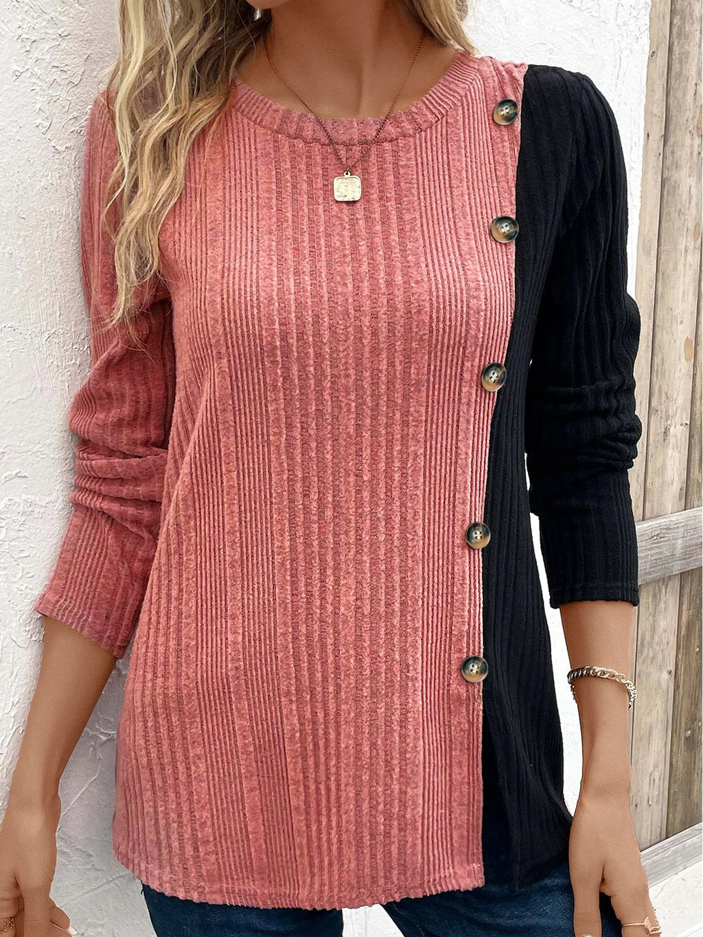 Women's Ribbed Colour Block Button Top