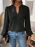 Women's Lace Insert Puff Sleeve Dobby Blouse